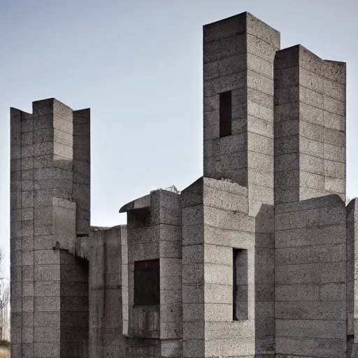 Image similar to a high tech brutalist castle built in brutalist architecture, wild unique building geometry, combination of sharp and rounded elements, photography