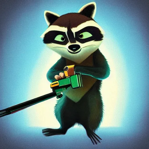 Image similar to “ racoon in the style of zootopia holding laser gun, floating alone, with a black background, digital art, award winning, trending on art station, retro style ”