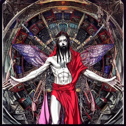 Image similar to 4K headshot portrait of godlike Warlock of Nazareth with defined arms and open hands and bloody clothes with giant mandala wings , intricate face , flawless anime cel animation by Kentaro Miura, psychedelic , highly detailed upper body , professionally post-processed , beautiful, scary, symmetry accurate features, epic, octane rendered, anime masterpiece, accurate by Craig Mullins, ilya kuvshinov, krenz cushart, epic , artgerm trending on artstation by Edward Hopper and Dan Mumford and WLOP and Rutkovsky, beksinski carl spitzweg moebius and tuomas kocar, intricate artwork by caravaggio, Unreal Engine 5, Lumen, Nanite