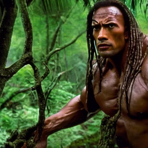 Image similar to film still of a mud - covered dwayne johnson as dutch hiding behind a tree from the predator in predator 1 9 8 7, hd, 8 k
