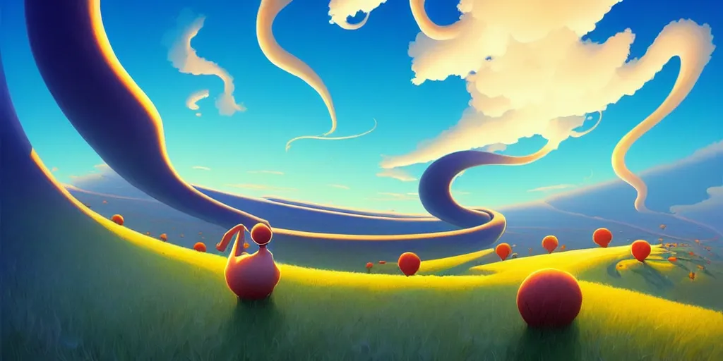 Image similar to nightly, spiral, naive nerikomi, weird perspective, extra narrow, detailed illustration, by rhads from lorax movie, trending artstation, true color, fisheye, blue sky with spiral smoky clouds, curvy clouds, deep blue sky