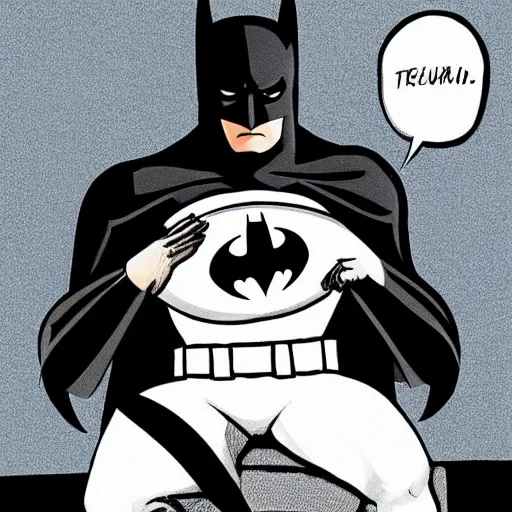 Prompt: photo of Batman sitting on a toilet seat in his full outfit, looking distressed, no toilet paper