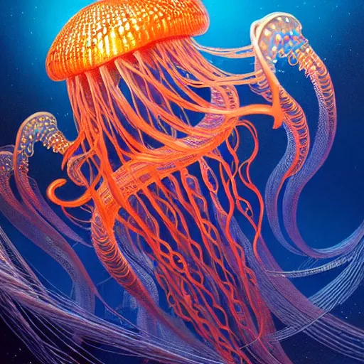 Image similar to a beautiful hyperrealistic ultradetailed 3d art of gigantic glowing complex multi-layered intricate jellyfish creatures with long flowing tendrils, by Justin Gerard and Laurie Greasley and Peter Mohrbacher and Dan Mumford, tarot card art, detailed shading, vray octane, redshift. micro details, dramatic lighting, volumetric lighting, 8k