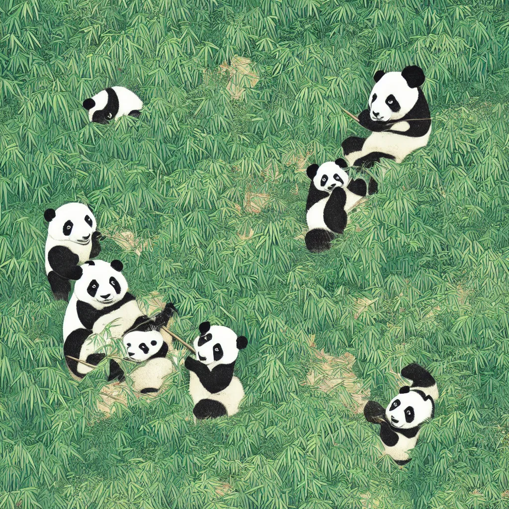 Prompt: isometric view illustration of a bamboo forest and panda eating bamboo, highly detailed mid day by victo ngai