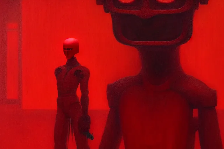 Image similar to only with red, a red samurai humanoid, tokio futuristic in background, yokai, in the style of beksinski, parts by edward hopper, parts by rodcenko, parts by yue minjun, intricate and epic composition, red by caravaggio, insanely quality, highly detailed, masterpiece, red light, artstation, 4 k