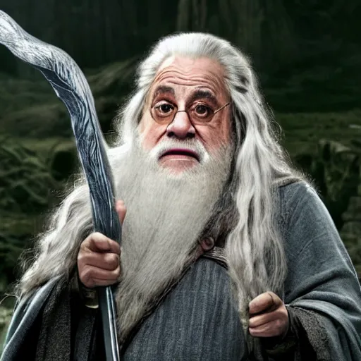 Image similar to danny devito starring as gandalf the white in the 2 0 2 4 lord of the rings movie, full body, hyper realistic, high quality, wide angle, always sunny in philadelphia