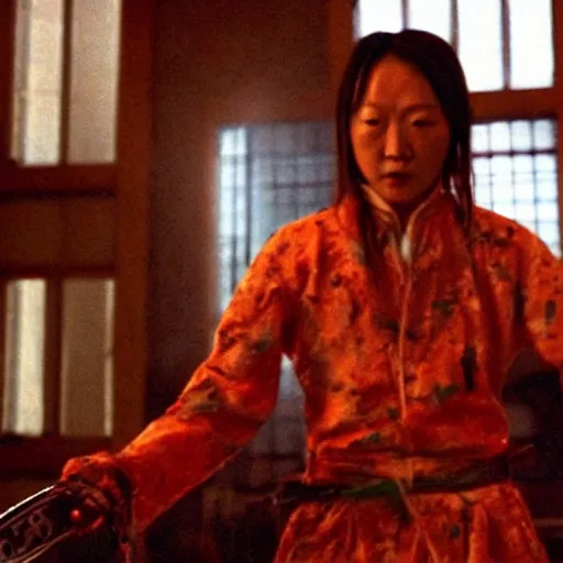 Prompt: film still of justin sun from kill bill, blood spattered chainsaw bride