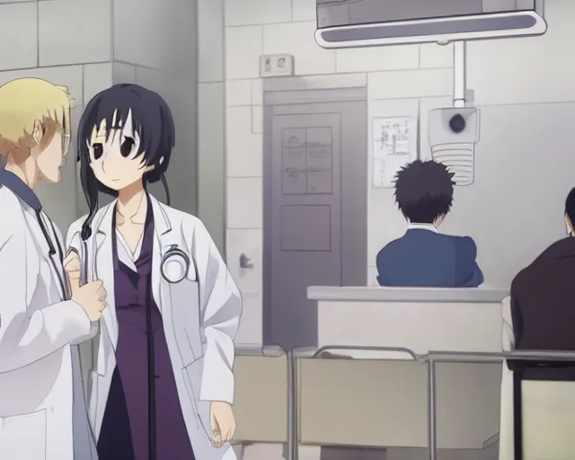 Image similar to a cute young female doctor wearing white coat are talking with an old surgeon in a hospital, slice of life anime, lighting, anime scenery by Makoto shinkai