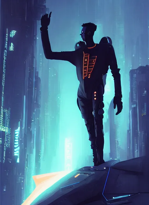 Prompt: full body cinematic of slim black man with mohawk, futuristic techwear, highly detailed clothing, angular jawline, masculine, digital painting, artstation, blade runner concept art, smooth, sharp focus, electric orange light, fantasy art by greg rutkowski, loish, rhads, ferdinand knab, makoto shinkai, ilya kuvshinov, rossdraws