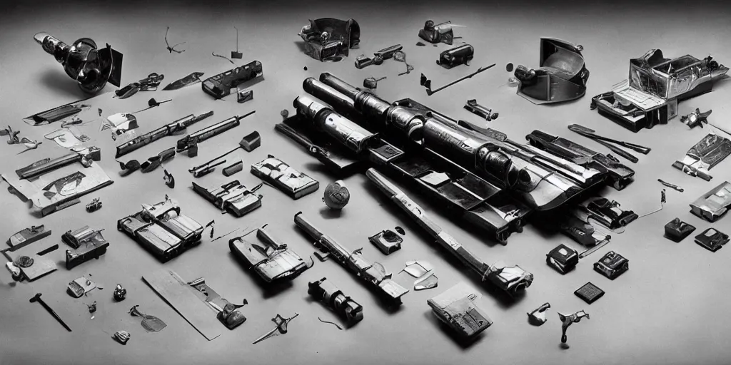 Image similar to knolling of ww 2 space laser weapons, archive photograph, 1 9 5 0's, sci - fi,