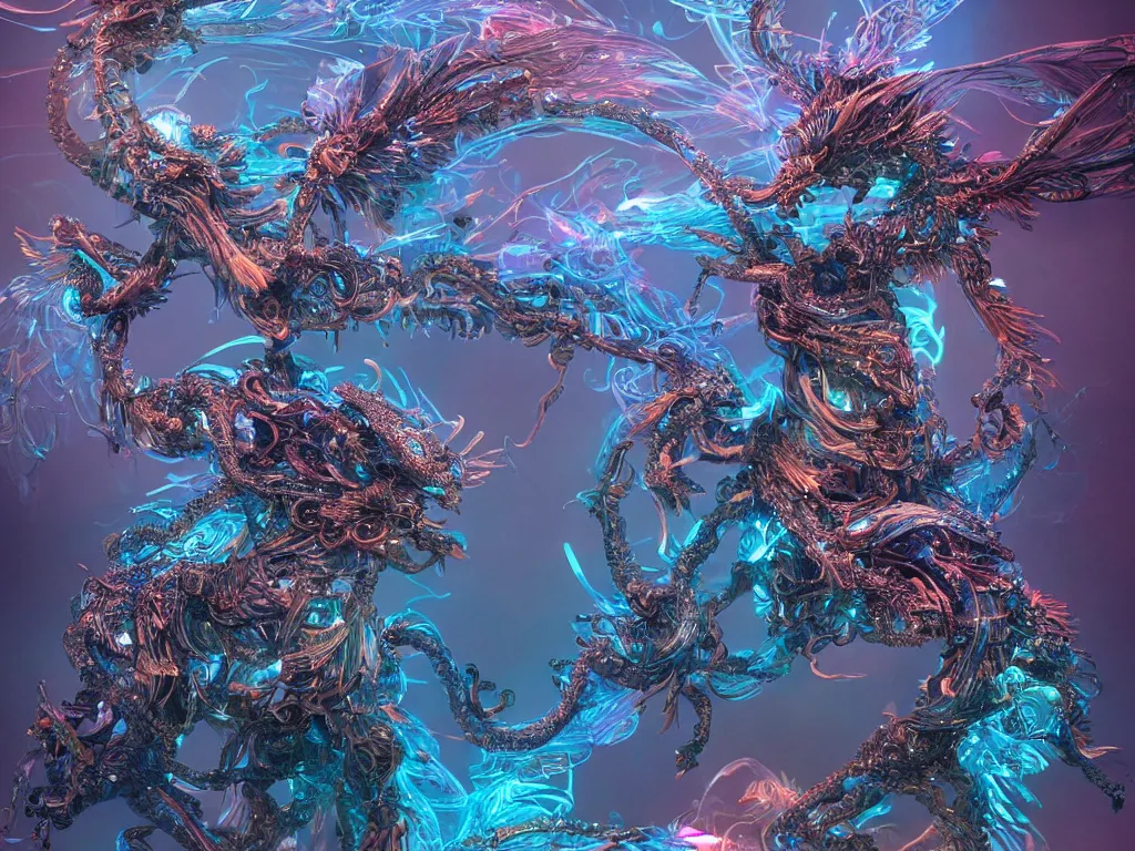 Image similar to a visionary 8 k cg render with hundreds intricate incense smoke modular synthesizer robot chinese dragons growing on a fantasy pegasus made of feathers and complex interweaving tentacles, plants and intricate mechanical parts, complex wrapping bio - mech fiber optic cables with particles, beautiful glowing tech volumetric lighting, # cgsociety, trending on artstation, soft pastel color, dof : - 1