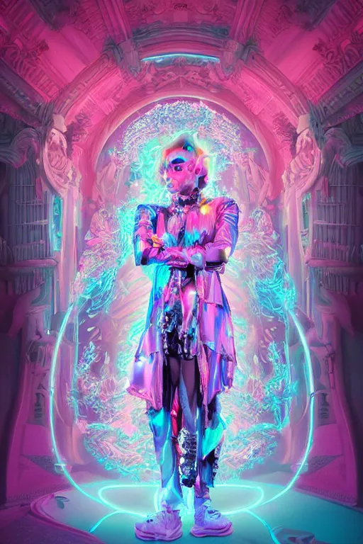 Image similar to full-body rococo and cyberpunk delicate neon crystalline sculpture of ((young muscular golden albino prince Joe Jonas android)) as an iridescent humanoid deity wearing ((peach plastic hooded cloak)) (holding a human skull) in a white castle dungeon, reclining, glowing pink face, crown of (pink lasers), large blue diamonds, swirling black silk fabric. futuristic elements. oozing glowing liquid, full-length view. space robots. intricate artwork by caravaggio. Trending on artstation, octane render, cinematic lighting from the right, hyper realism, octane render, 8k, depth of field, 3D