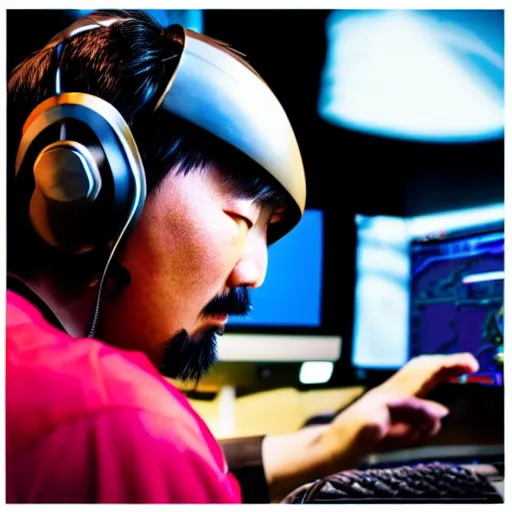 Image similar to Photo of Genghis Khan, wearing a headset, playing the game League of Legends, close-up, bored, sleep deprived, screaming, high detail, studio, 85mm Sigma Art Lens