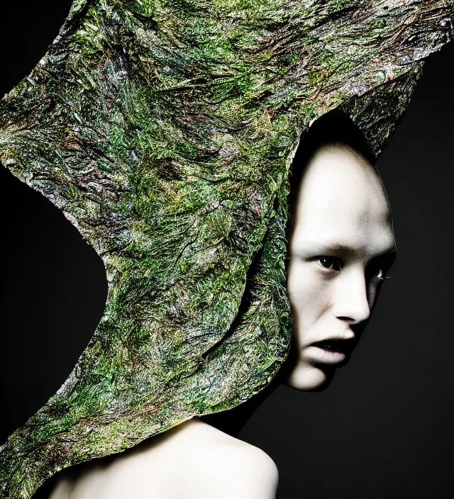 Image similar to photography face portrait of one female fashion model in rainforest, wearing one organic futurist cape designed by iris van herpen,, photography by paolo roversi nick knight, helmut newton, avedon, and araki, sky forest background, natural pose, highly detailed, skin grain detail