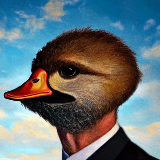 Image similar to a high detail photo of a man with a duck's head wearing a suit, photorealism