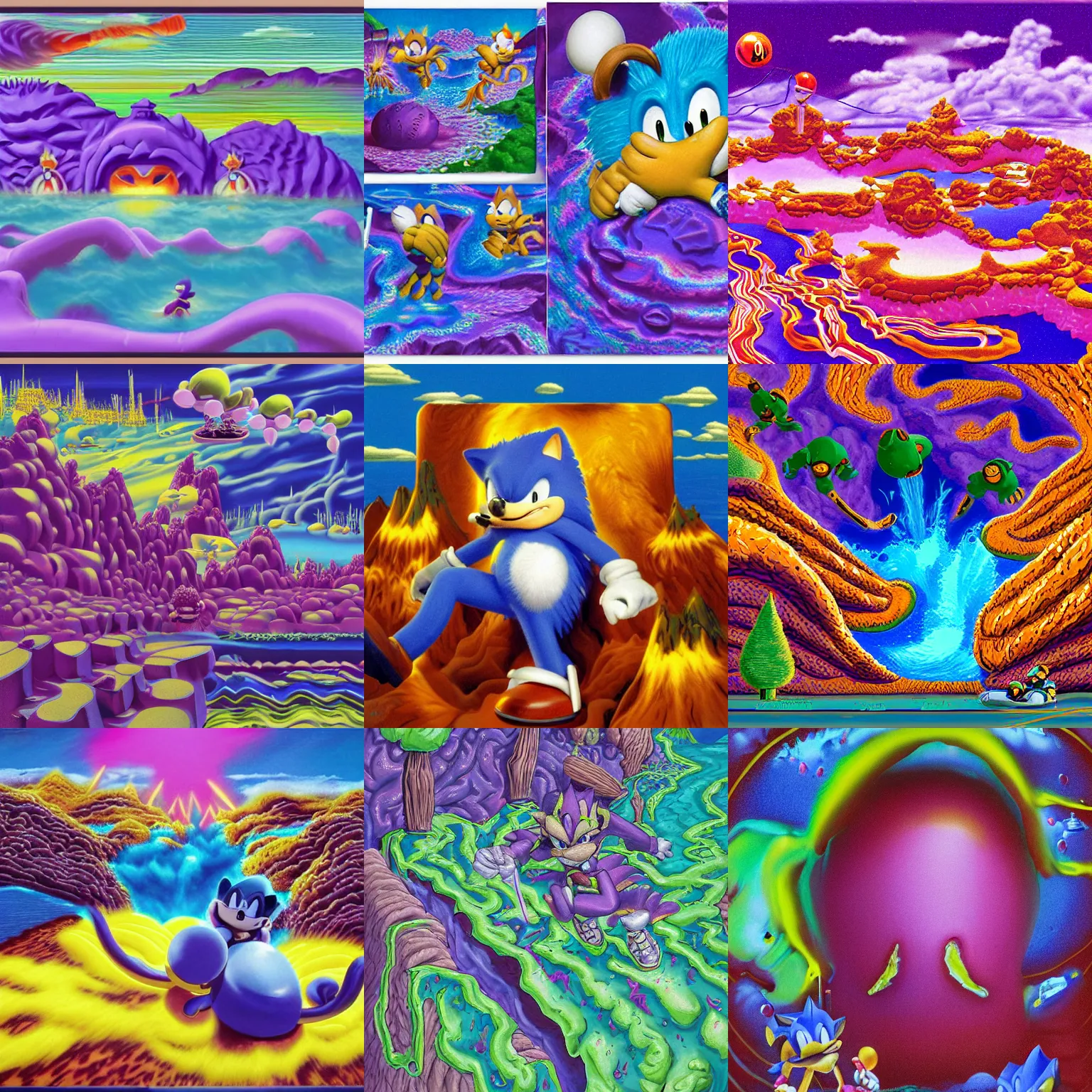 Prompt: dreaming of puffy closeup sonic hedgehog portrait colossal claymation scifi matte painting landscape of a surreal lava, retro moulded professional wooden pastels high quality airbrush art tawdry album peaceful of a liquid dissolving airbrush art lsd sonic the hedgehog swimming through cyberspace purple ambiguous checkerboard background 1 9 8 0 s 1 9 8 2 sega genesis video game album cover