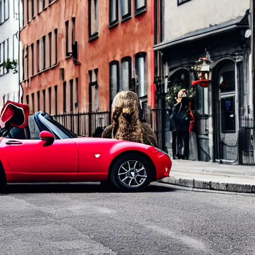Prompt: a rabbit standing on the street in front of a red mazda mx-5 parked on a street in stockholm