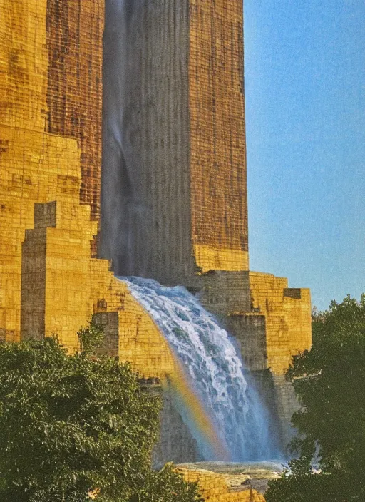 Prompt: colored photo, the tower of babylon, waterfall, brutalist