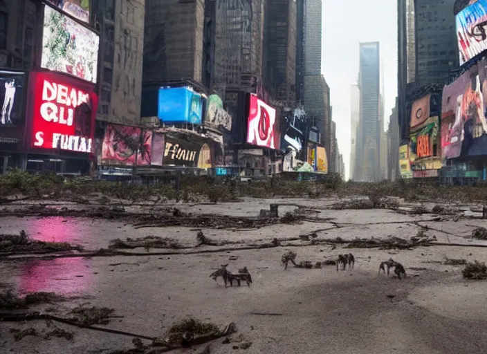 Image similar to film still of post apocalyptic empty time square, overgrown with wildlife walking through in the new sci - fi movie, 8 k