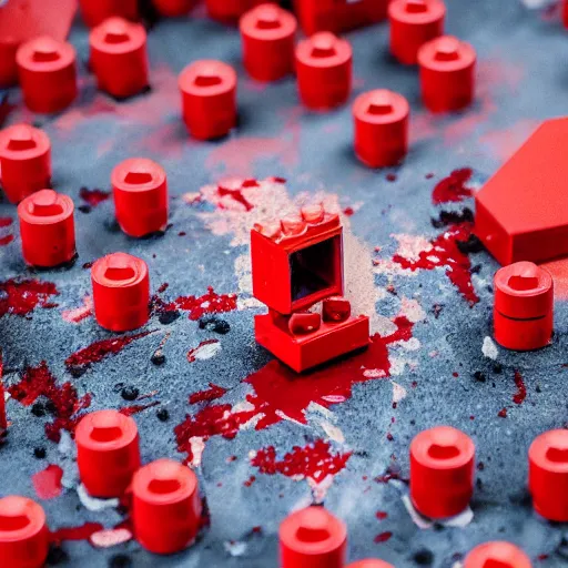 Image similar to photo of a lego set splattered with blood, shiny dark red blood splatter