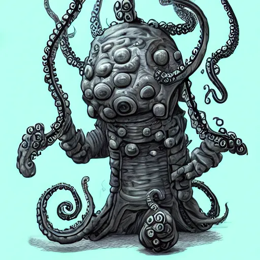 Image similar to Eyeless orb monster with many ears, tentacles holding guns, D&D, high quality, trending on artlist