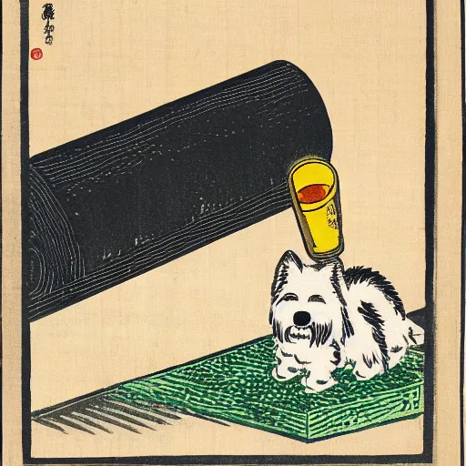 Prompt: Japanese woodblock print of a westie bottling wine next to a barrel