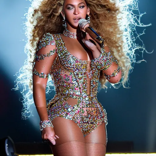 Image similar to Beyonce giving a concert, (EOS 5DS R, ISO100, f/8, 1/125, 84mm, postprocessed, crisp face, facial features)