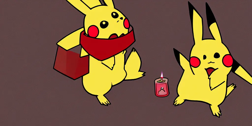 Image similar to pikachu devouring a dog, sharp teeth burtal eyes scary mouth dark room red candles trash bin