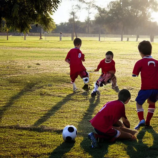 Prompt: boys playing soccer on a floodplain field with family members sitting in the stands, south america's, sunny day, atmosphere, dynamic light, photorealistic, dynamic light, ultra detailed