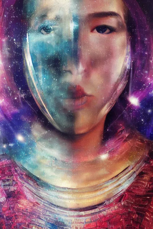 Image similar to hyperrealism oil painting, close - up portrait of medieval fashion model, knight, steel gradient mixed with nebula sky, in style of baroque mixed with 7 0 s japan book art