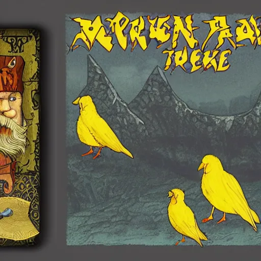 Image similar to an old man with 7 yellow birds as a rock album cover art, medieval fantasy game