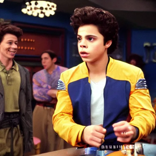 Image similar to young jake t. austin from wizards of waverly place, playing dabo in quark's bar on deep space nine, 3 5 mm photography, highly detailed, cinematic lighting, 4 k