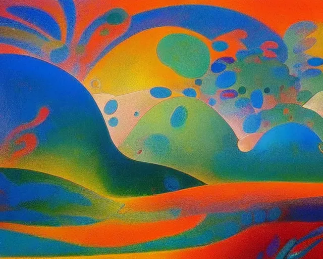 Image similar to An insane, modernist landscape painting. Wild energy patterns rippling in all directions. Curves, organic, zig-zags. Mountains, clouds. Rushing water. Waves. Psychedelic dream world. Odilon Redon. Agnes Pelton. Peter Max.