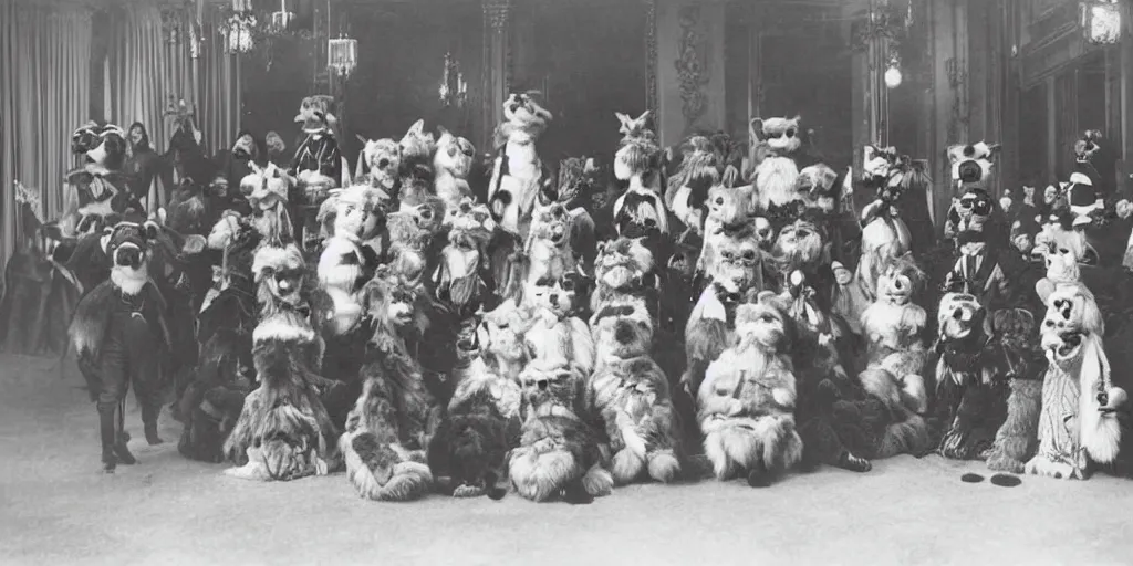 Image similar to a furry convention taking place in a luxury hotel, 1 9 0 0 s photograph