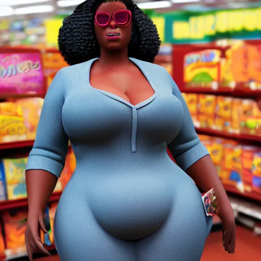 Prompt: high quality, highly detailed, still of black bbw woman in wal-mart follow shot, 3d, in the style of pixar, comic book style, 3d, highly detailed, 16k resolution, octane renderer, coherent