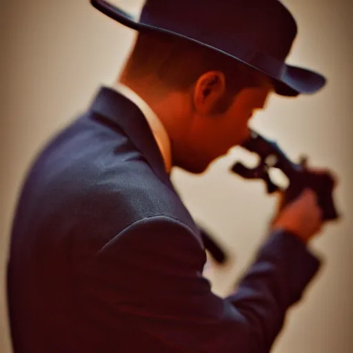 Image similar to film noir detective in navy and burnt orange hues, 40mm lens, shallow depth of field, split lighting