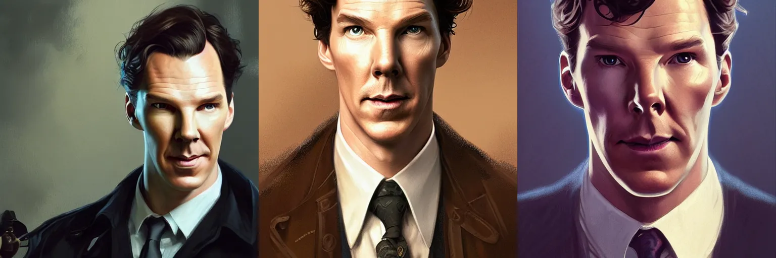 Prompt: portrait of Benedict Cumberbatch as a detective, highly detailed, digital painting, artstation, concept art, sharp focus, illustration, art by artgerm and greg rutkowski and alphonse mucha