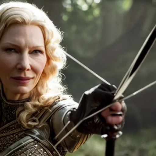 Prompt: still of cate blanchet as sexy archer, d&d,fantasy, realistic,