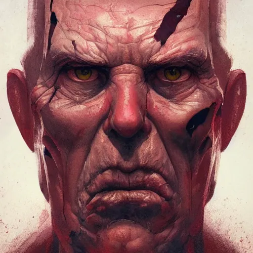 Image similar to close-up, symmetrical, portrait of an old man, glowing red eyes, bruised, scarred, marvel art, art by greg rutkowski, matte painting, trending on artstation