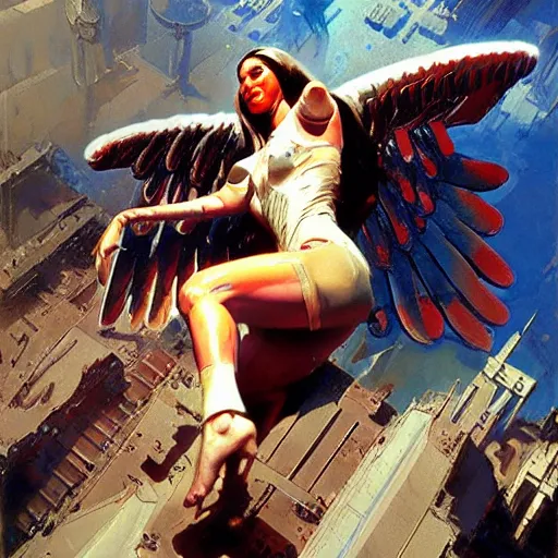 Prompt: cyborg angel in the blood, hyperrealism, no blur, 4 k resolution, ultra detailed, style of john berkey, syd mead, giovanni battista piazzetta, thomas kinkad, alexander trufanov, kezie demessance