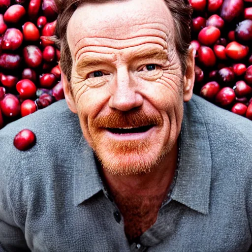 Prompt: closeup portrait of bryan cranston happy face surrounded by cranberries, food photography, natural light, sharp, detailed face, magazine, press, photo, steve mccurry, david lazar, canon, nikon, focus