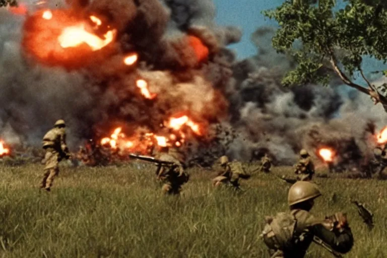 Image similar to vietnam war, a still from a pixar movie, cinematic action shot, explosions