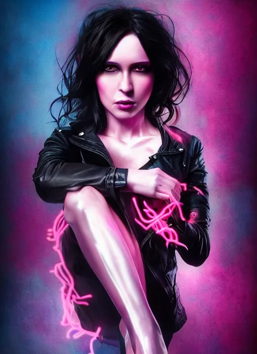 Prompt: a photo of 8 k ultra realistic a black haired female in high heels and a black leather jacket, muscular, pink and blue neon, art by lise deharme