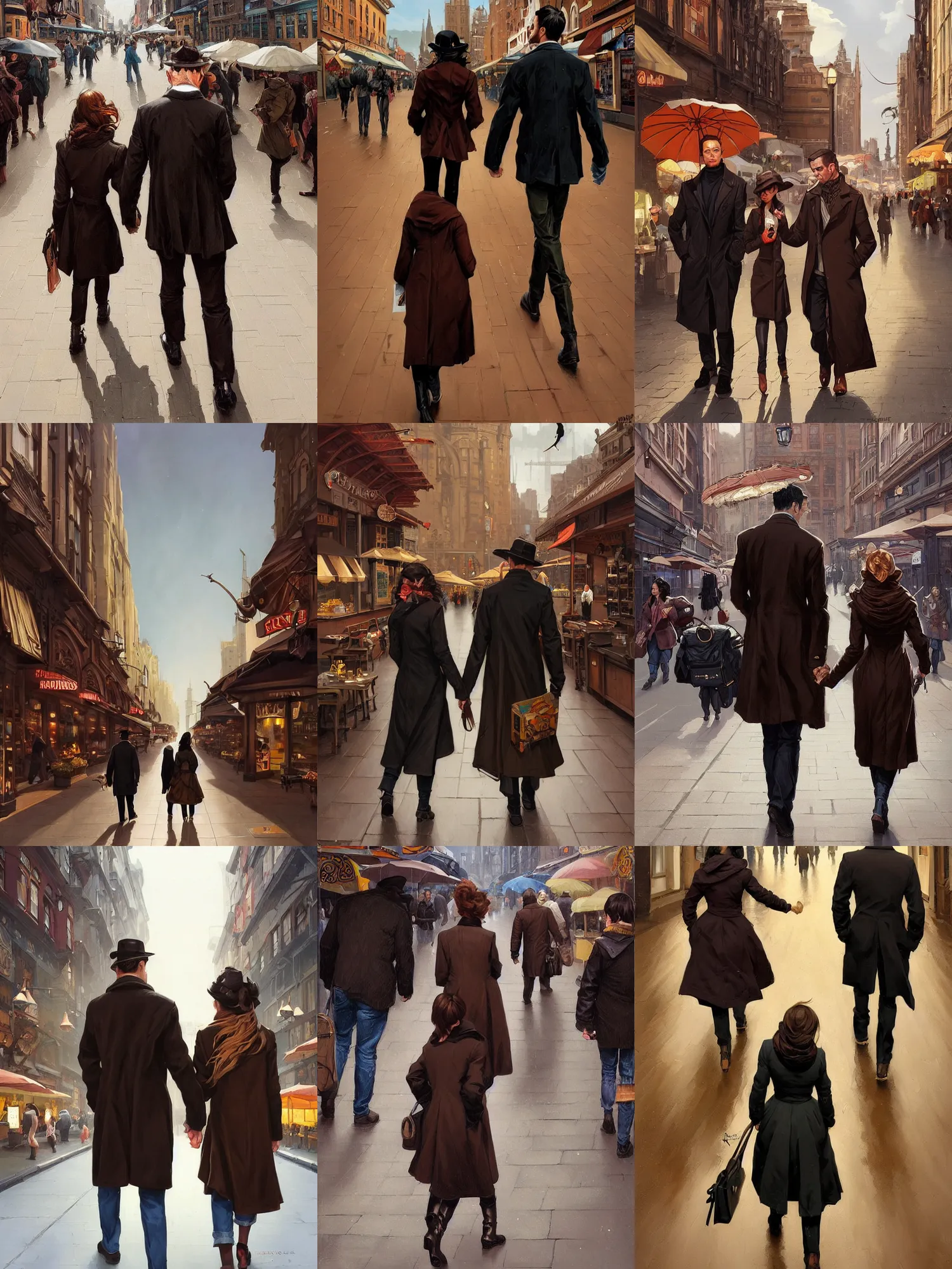 Prompt: brown black coat couple walking through east market, extreme view angle, pinup, pulp art, deep focus, turnaround, pulp art, fantasy, intricate, elegant, highly detailed, digital painting, artstation, concept art, matte, sharp focus, illustration, hearthstone, art by rhads and artgerm and greg rutkowski and alphonse mucha.