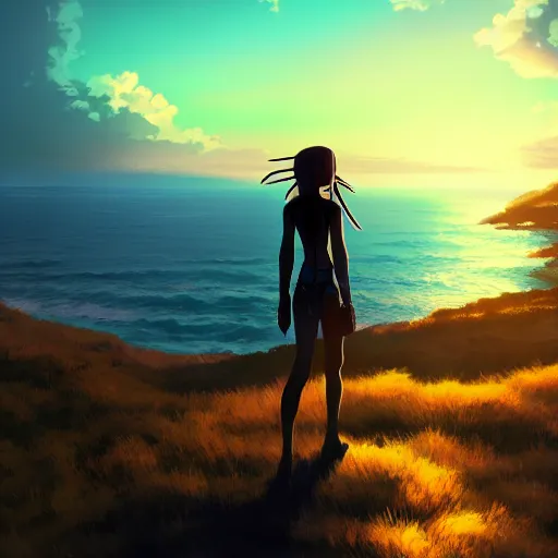 Image similar to A cyborg girl standing on the hill looking at the sea with a sunset in style of Makoto Shinkai and Cyberpunk. ArtStation, 8K, Highly Detailed, Intricate, Album Art.