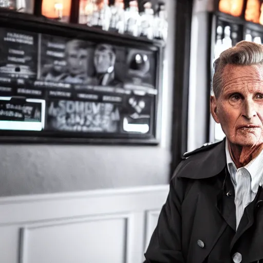 Image similar to robert stack wearing a trench coat unsolved mysteries waiting for a drink at a bar, ( sony a 7 r iv, symmetric balance, polarizing filter, photolab, lightroom, 4 k, dolby vision, photography awardm, voque, perfect face )