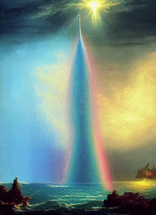 Image similar to a delicate sparkling rainbow fantasy tower splashes upwards from a turbulent rainbow ocean, dramatic lighting, rich colors, sunlight shimmering off the tower and the water and the spray, beautiful painting by Thomas Cole