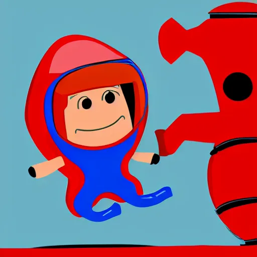 Prompt: 2 d cartoon of a red, short, bean shaped astronaut with no arms and a long blue visor