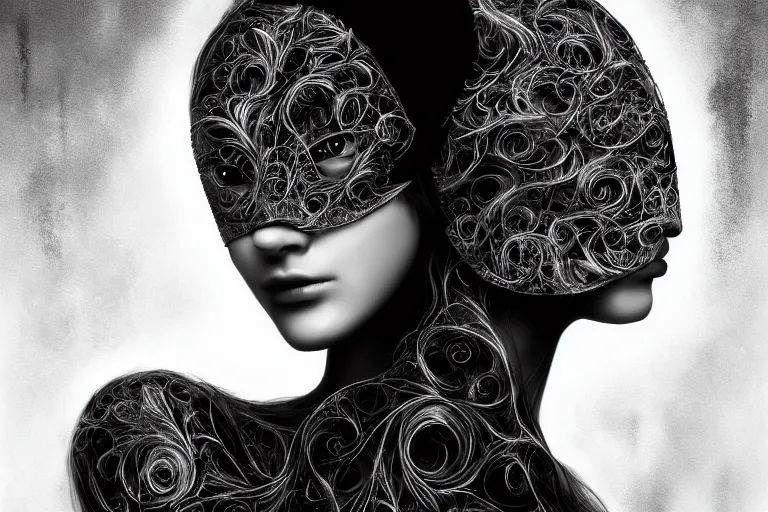 Image similar to portrait of a young beautiful woman with a mask. contemporary photograph and speed painting and fractal and mandelbulb and lines and scribble art. black and white. intricate, elegant, super highly detailed, professional digital painting, artstation, concept art, smooth, sharp focus, no blur, no dof, extreme illustration, Unreal Engine 5, Photorealism, HD quality, 8k resolution, cinema 4d, 3D, beautiful, cinematic, art by artgerm and greg rutkowski and alphonse mucha and loish and WLOP