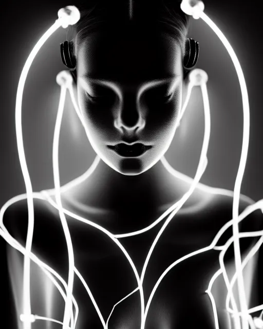 Image similar to black and white dreamy spiritual connected young female cyborg - plant goddess high quality photo, microchip, artificial intelligence, bio - mechanical bio - luminescence, black wired cables, neurons, nerve cells, cinematic, rim light, photo - realistic, elegant, high detail, 8 k, masterpiece, high fashion